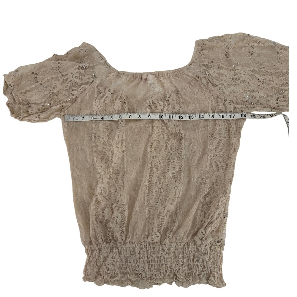 Heart Soul Y2K Lace Sequin Tan Smocked Waist Short Sleeve Romantic Fairy Top XL - Picture 3 of 7